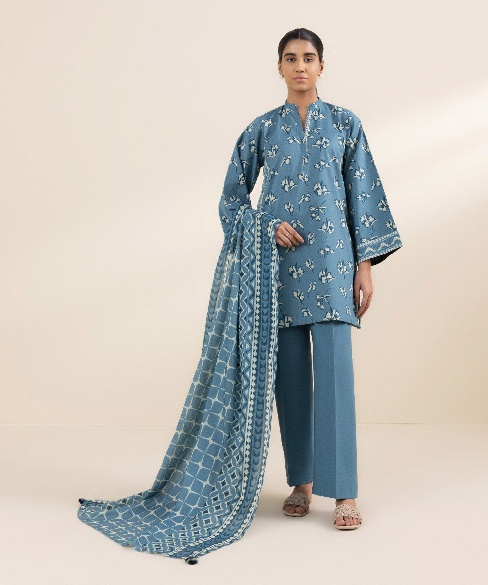 Women's Unstitched Lawn Blue Printed 3 Piece Suit