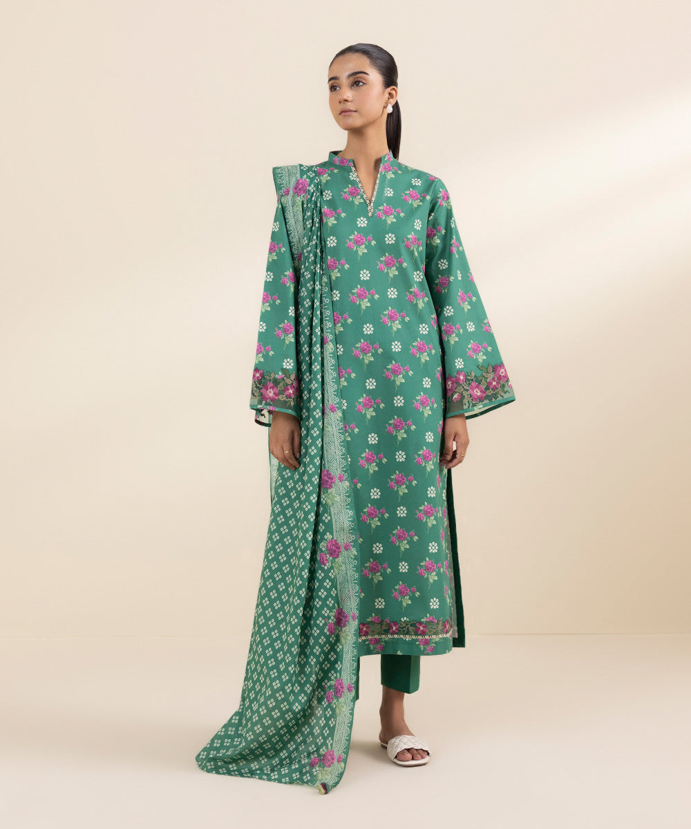 Women's Unstitched Lawn Green Embroidered 3 Piece Suit