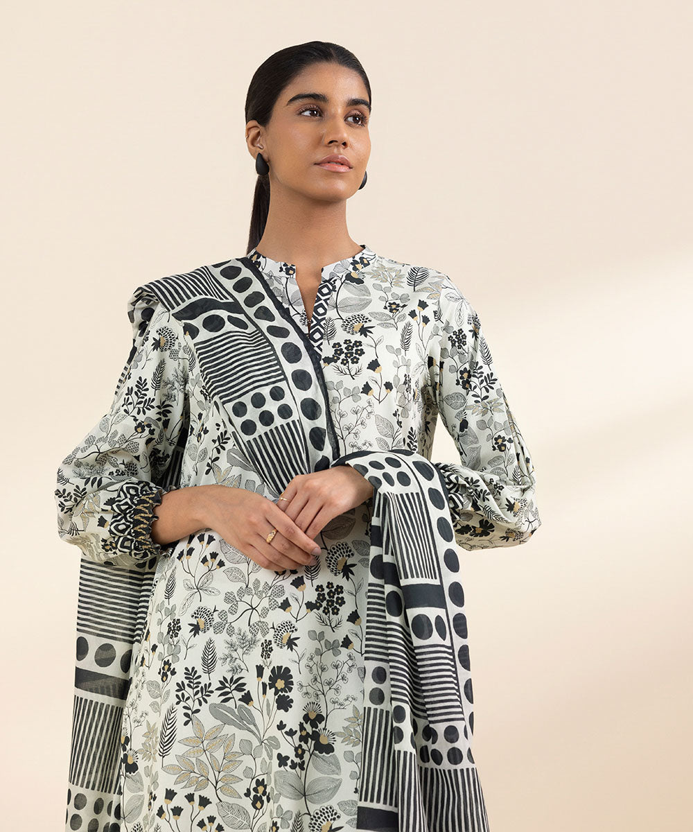 Women's Unstitched Lawn White Printed 3 Piece Suit