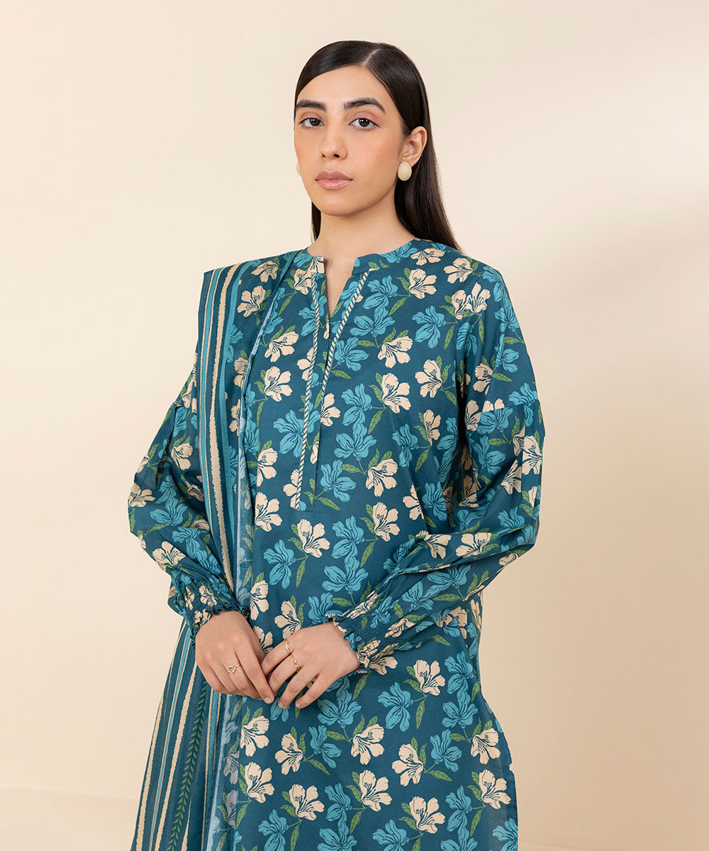 Women's Unstitched Lawn Blue Printed 3 Piece Suit