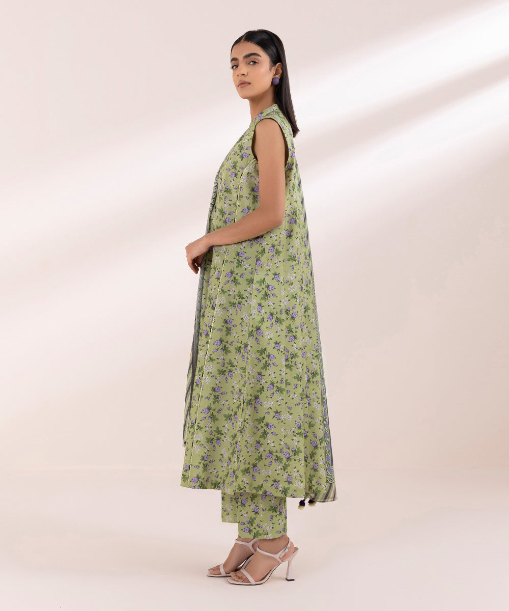 Women's Unstitched Lawn Green Printed 3 Piece Suit