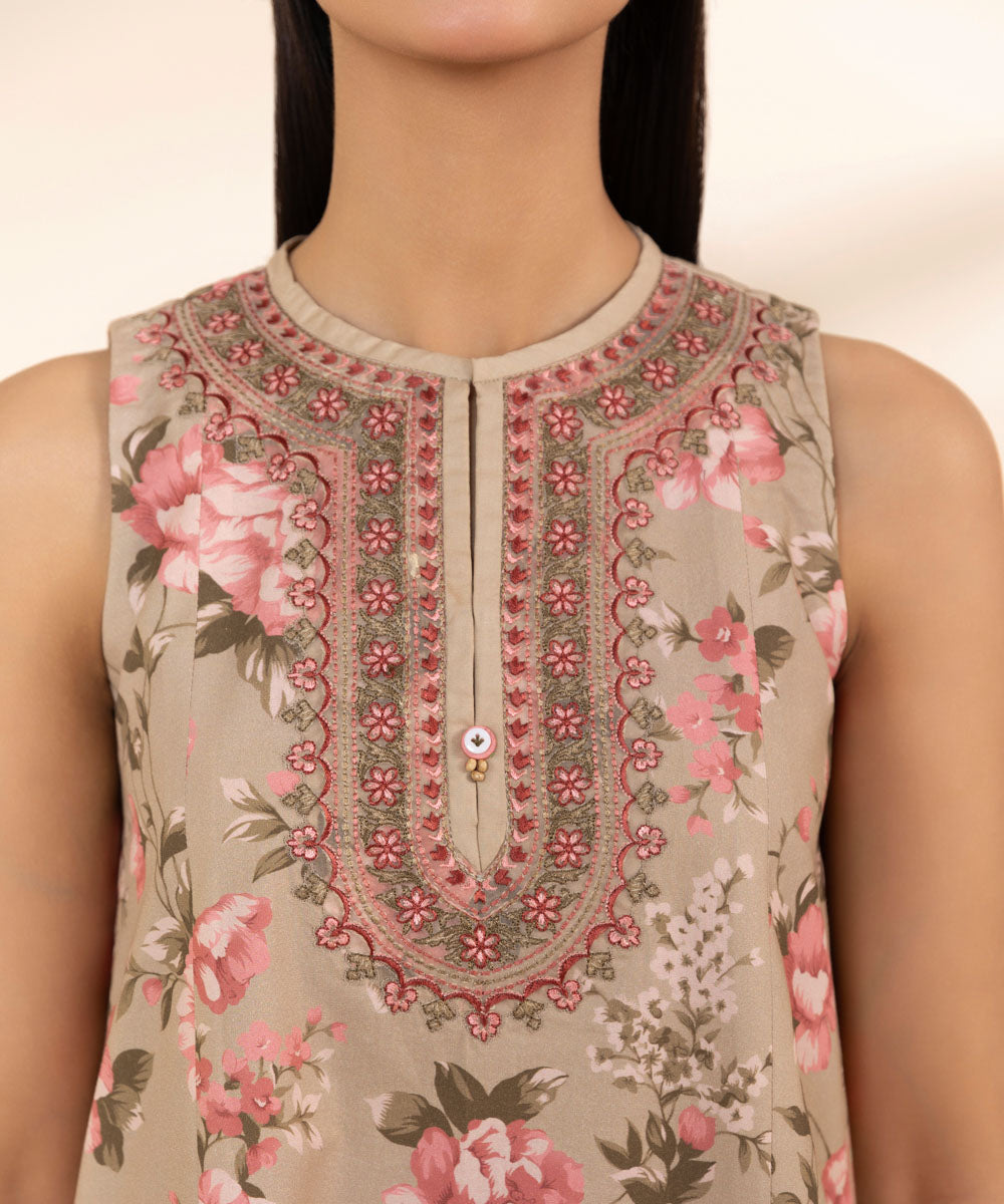 Women's Lawn Embroidered Beige Unstitched 3 Piece Suit