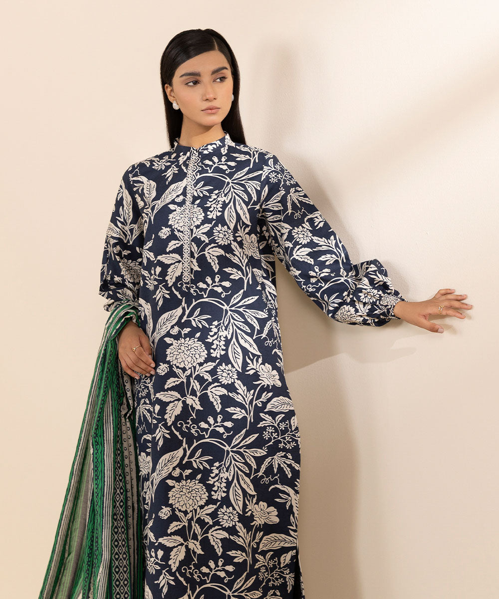 Women's Cambric Printed Blue Unstitched 3 Piece Suit