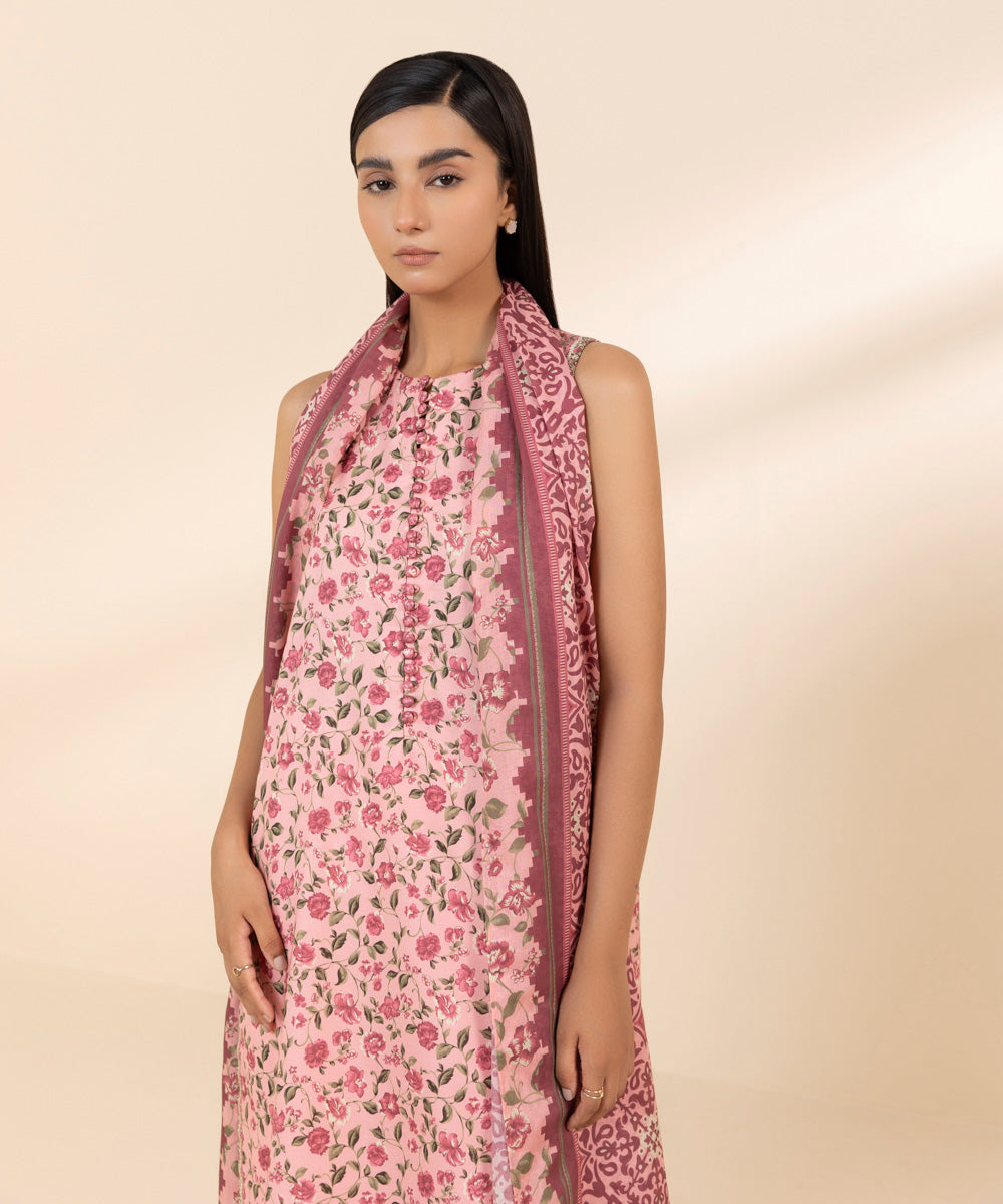 Women's Lawn Printed Pink Unstitched 3 Piece Suit