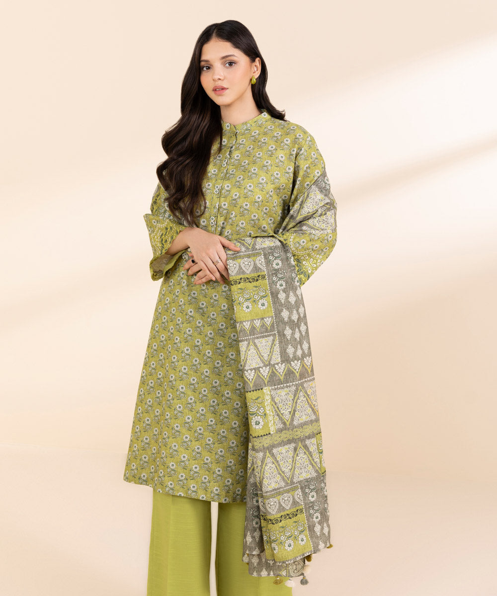 Women's Unstitched Light Khaddar Embroidered Green 3 Piece Suit