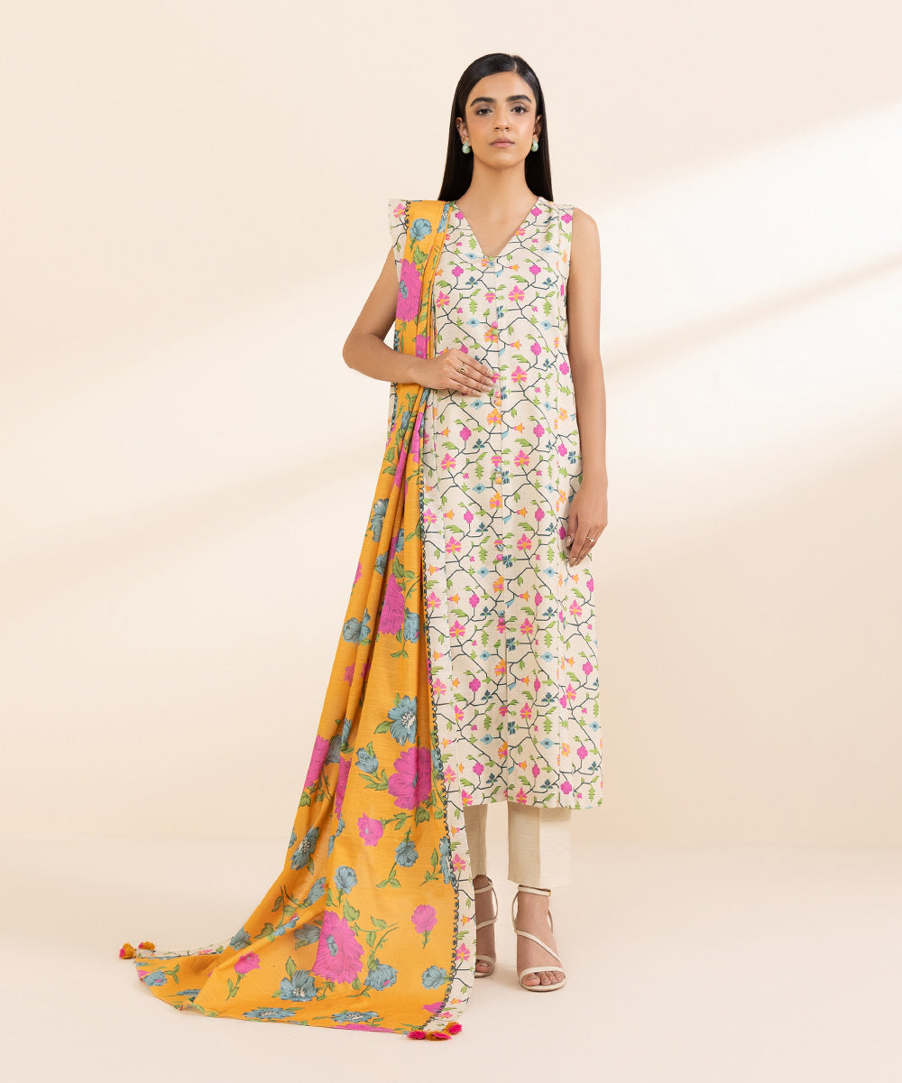 Women's Unstitched Light Khaddar Printed Multi 3 Piece Suit