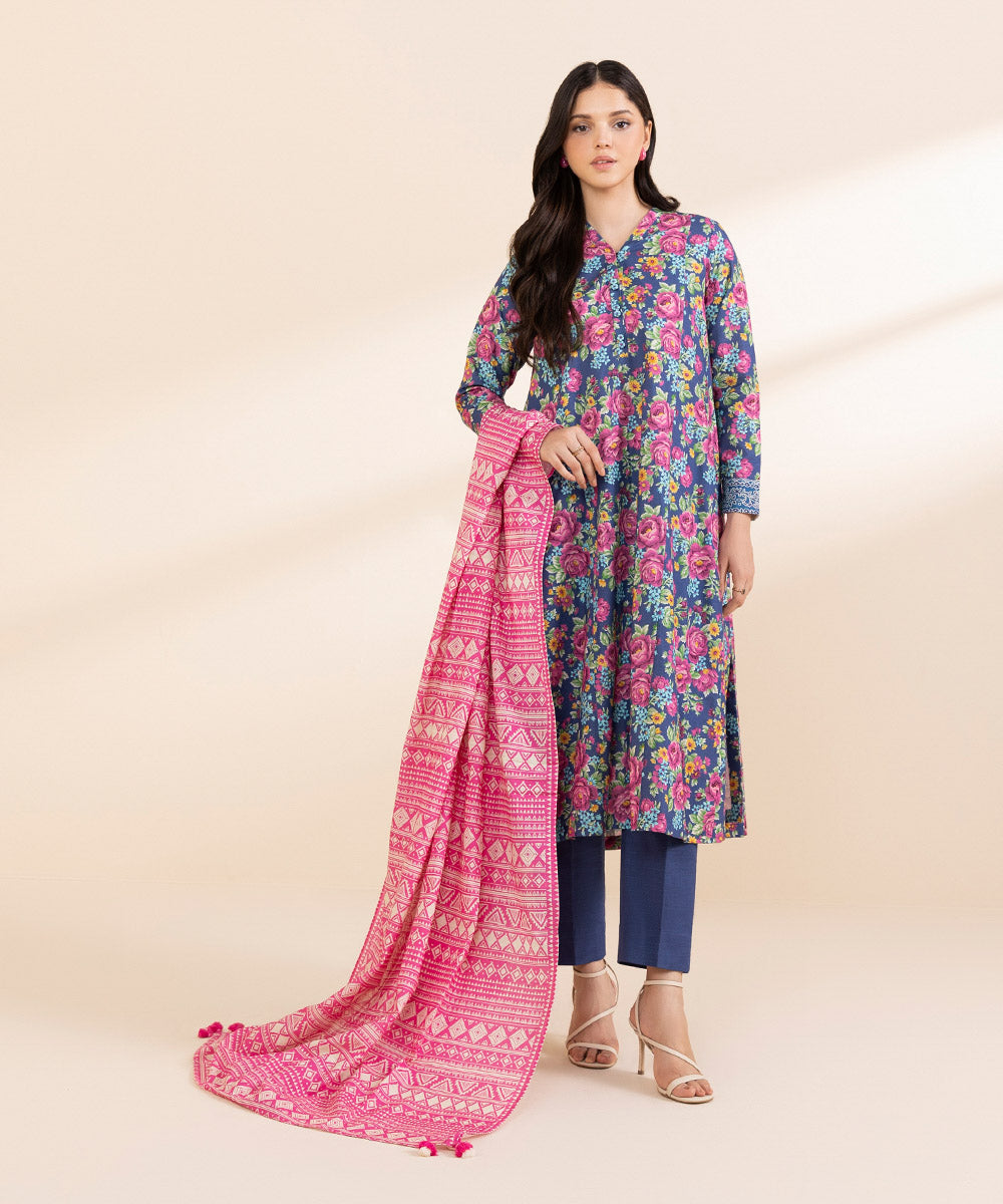 Women's Unstitched Light Khaddar Printed Multi 3 Piece Suit