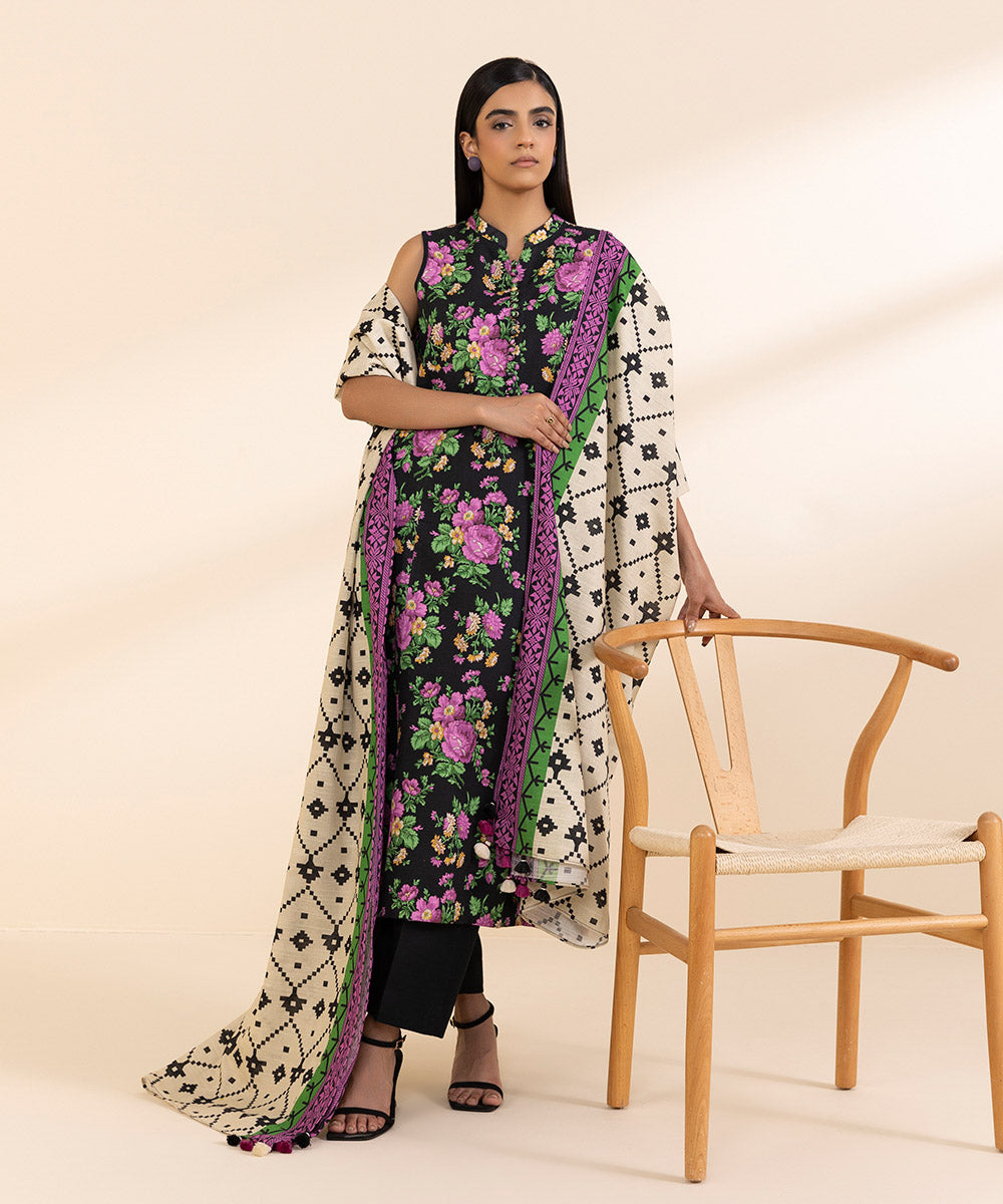 Women's Unstitched Light Khaddar Printed Multi 3 Piece Suit