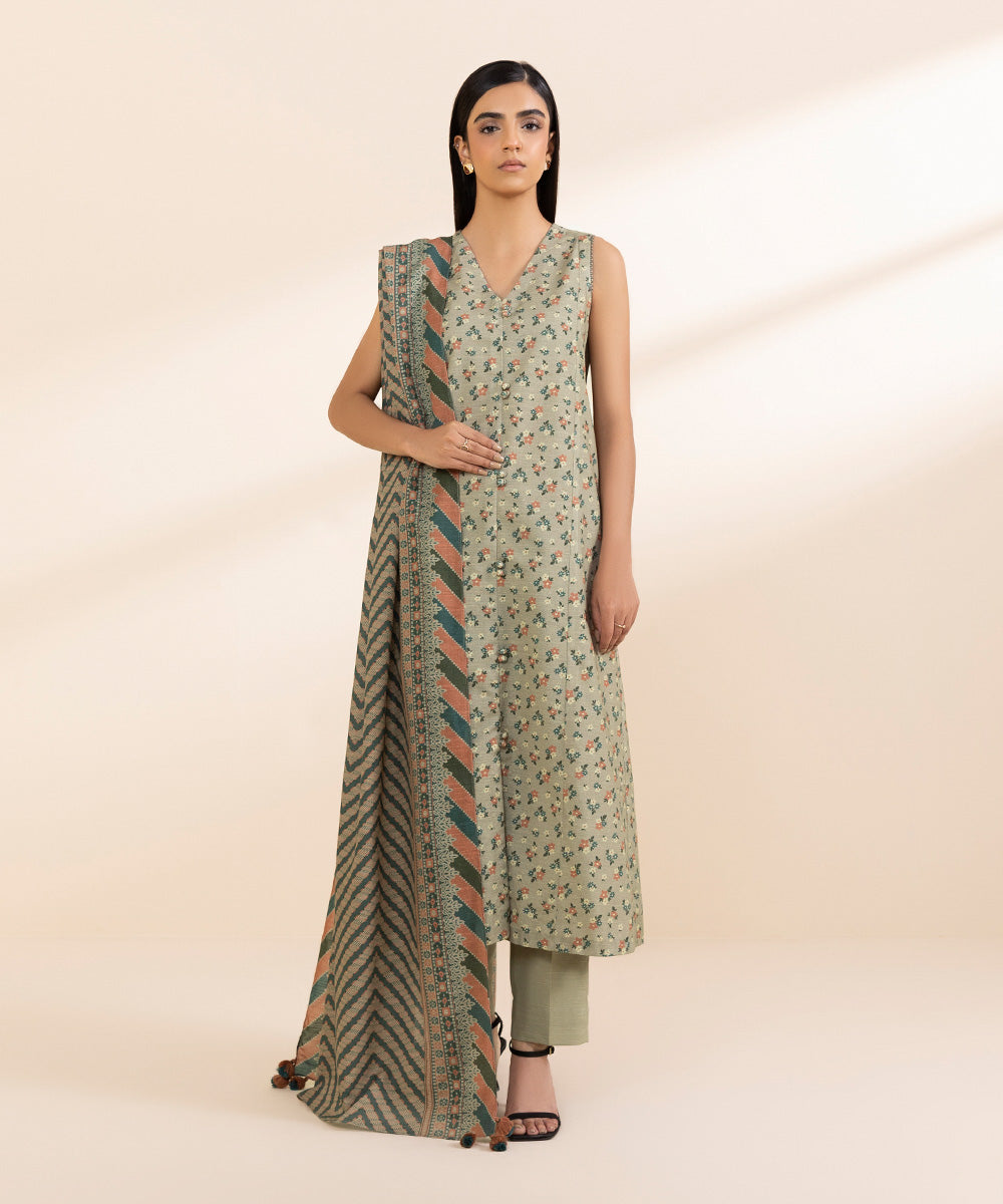 Women's Unstitched Light Khaddar Printed Multi 3 Piece Suit