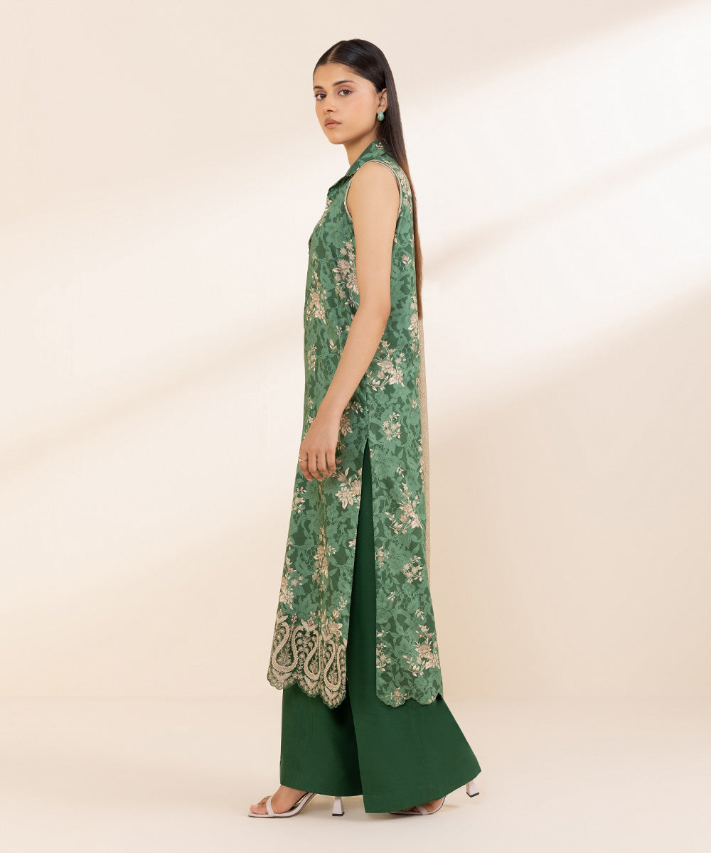 Women's Unstitched Embroidered Linen Green 3 Piece Suit