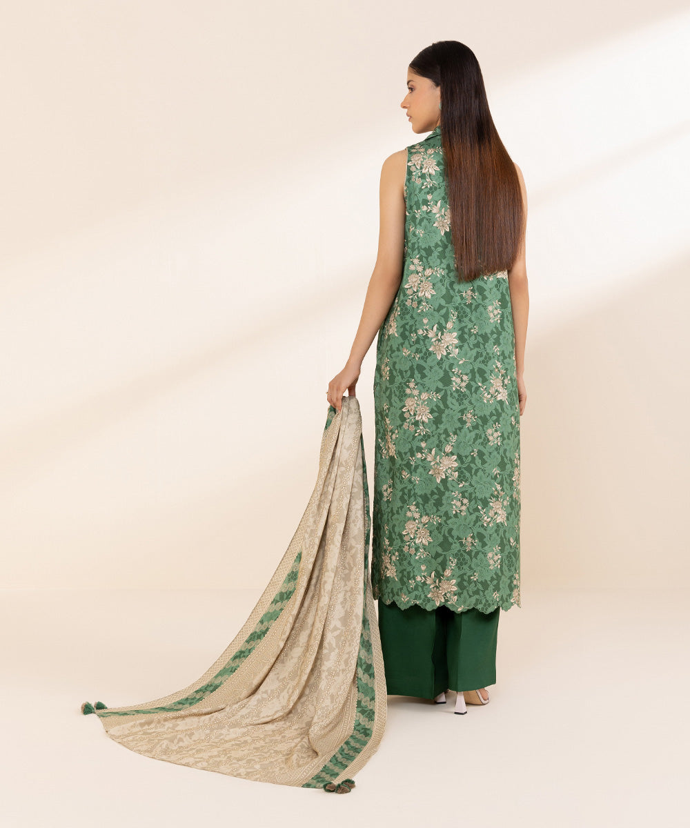 Women's Unstitched Embroidered Linen Green 3 Piece Suit