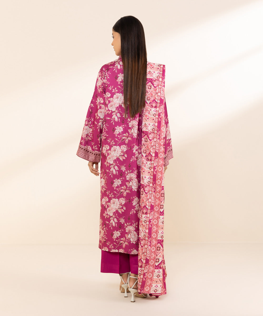 Women's Unstitched Printed Linen Pink 3 Piece Suit