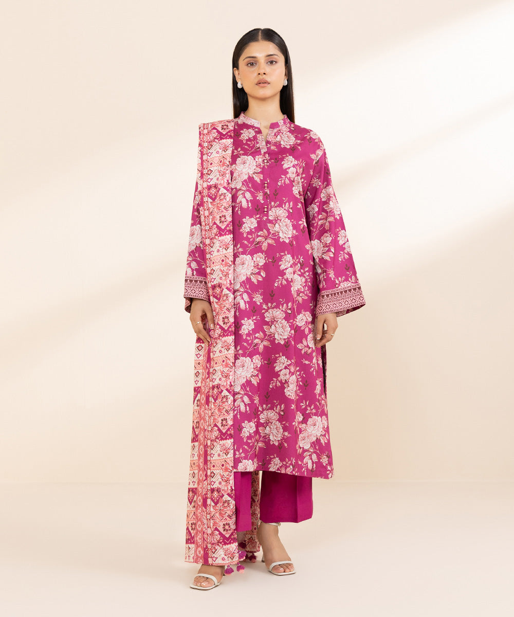 Women's Unstitched Printed Linen Pink 3 Piece Suit