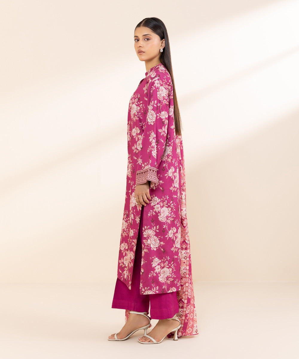 Women's Unstitched Printed Linen Pink 3 Piece Suit