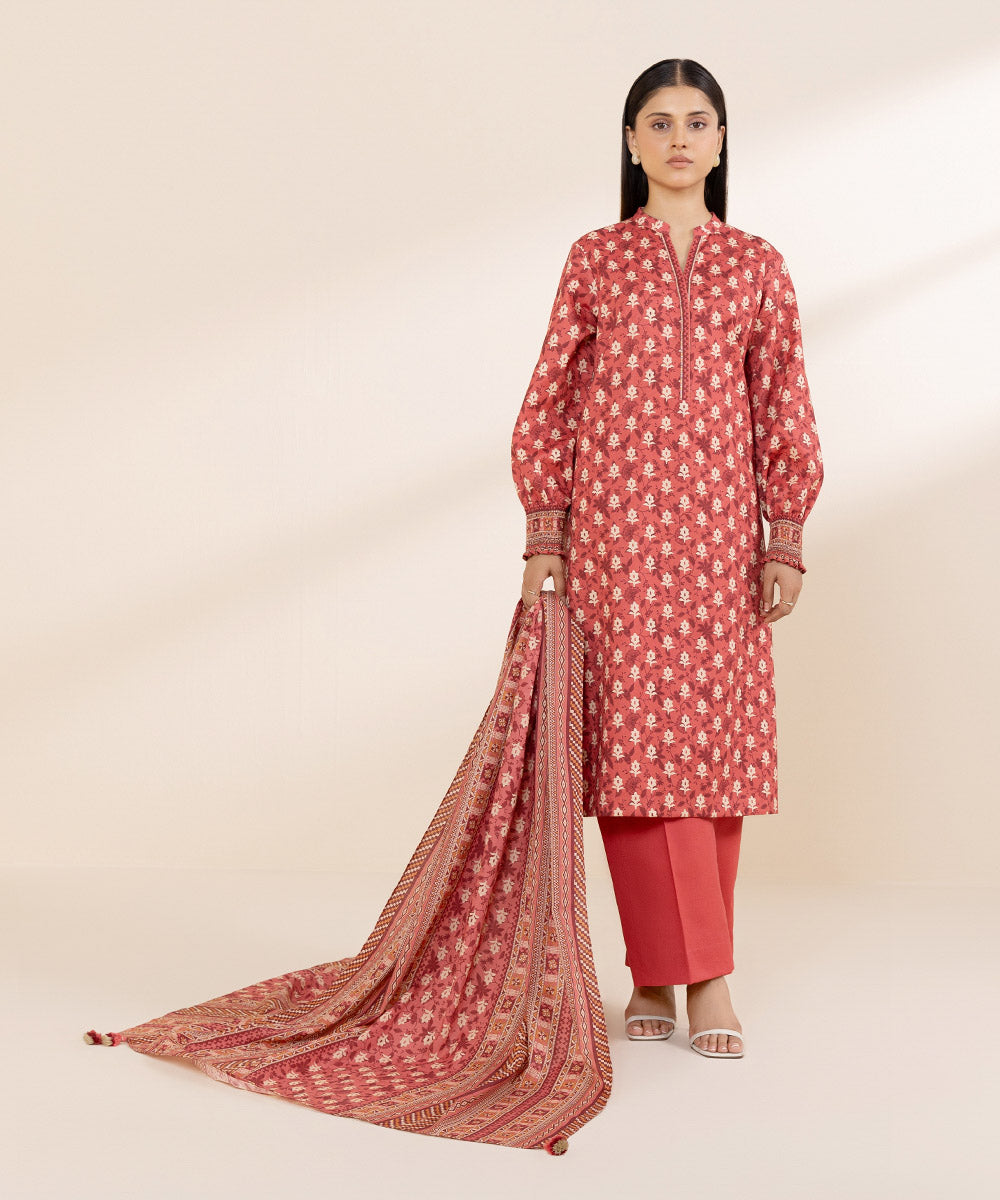 Women's Unstitched Printed Linen Red 3 Piece Suit