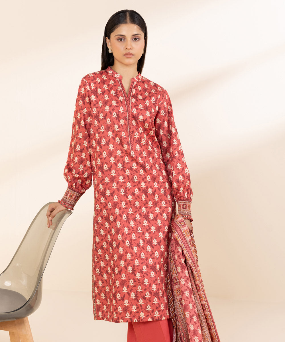 Women's Unstitched Printed Linen Red 3 Piece Suit