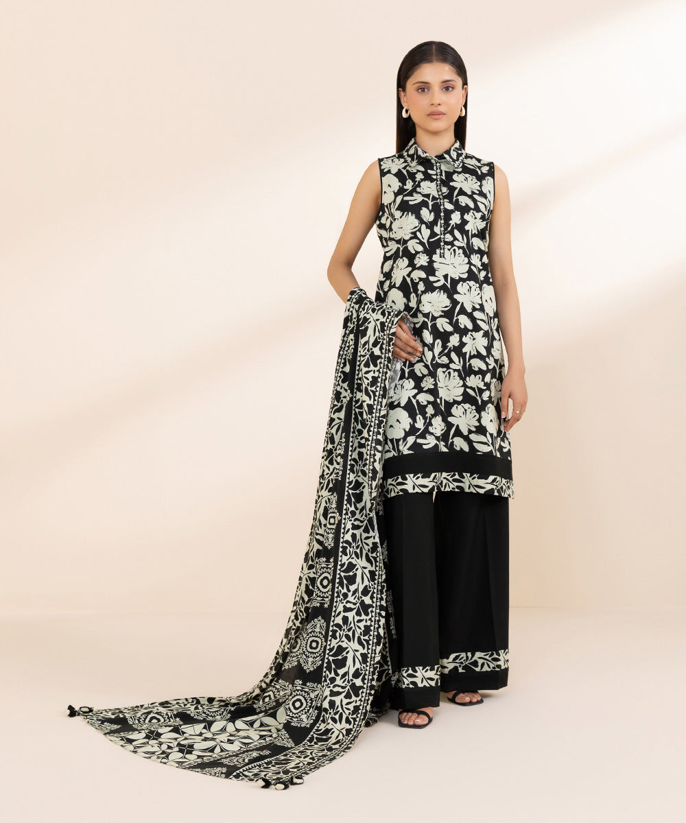 Women's Unstitched Printed Linen Black 3 Piece Suit