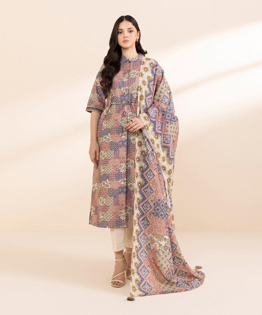 Women's Unstitched Light Khaddar Printed Multi 3 Piece Suit