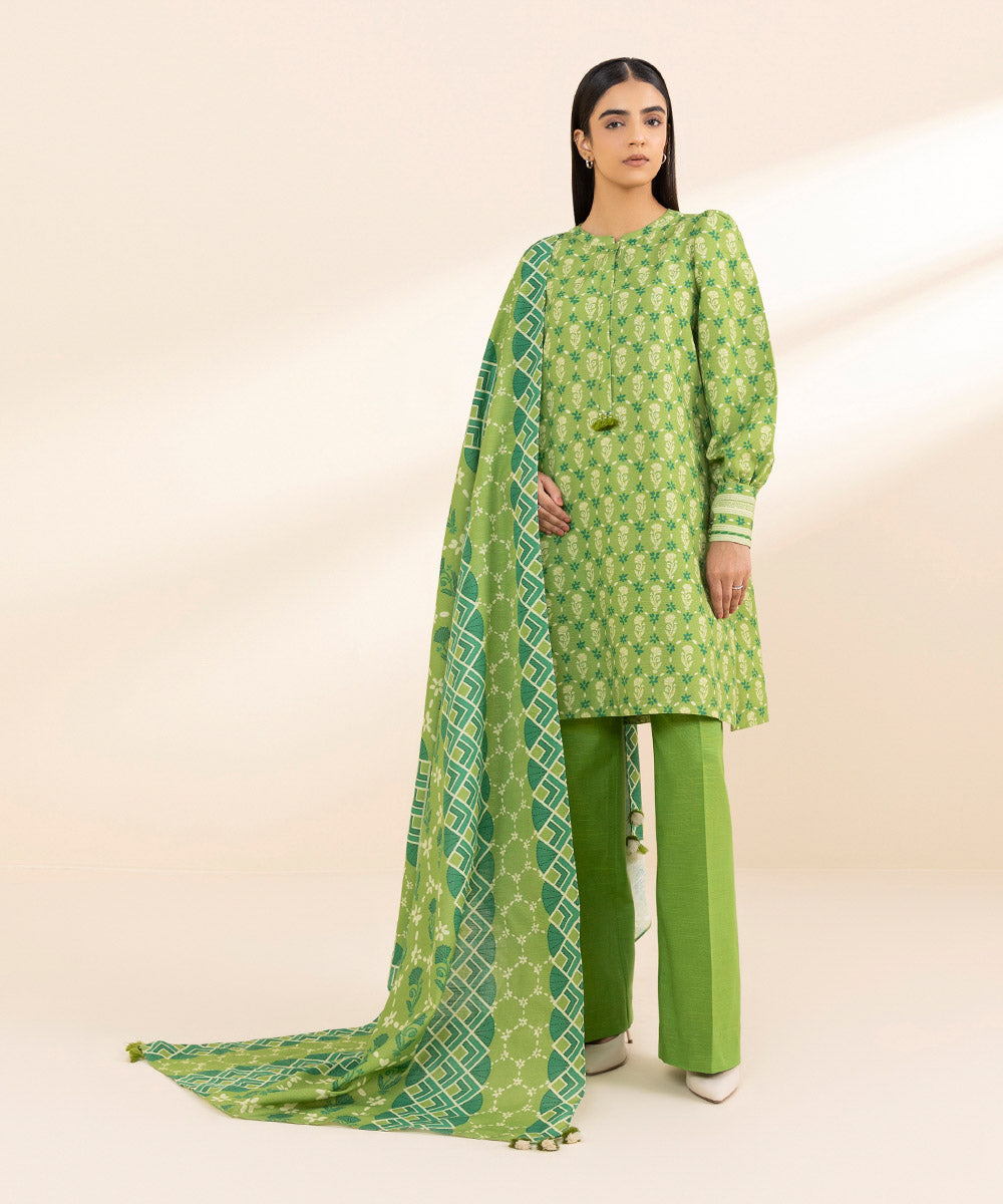 Women's Unstitched Khaddar Printed Green 3 Piece Suit