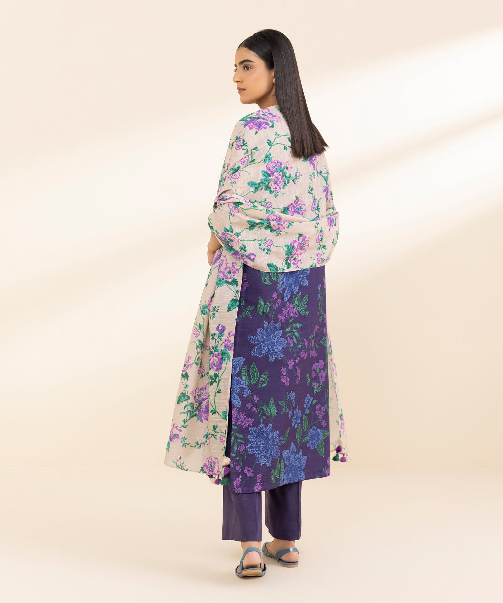 Women's Unstitched Khaddar Printed Purple 3 Piece Suit