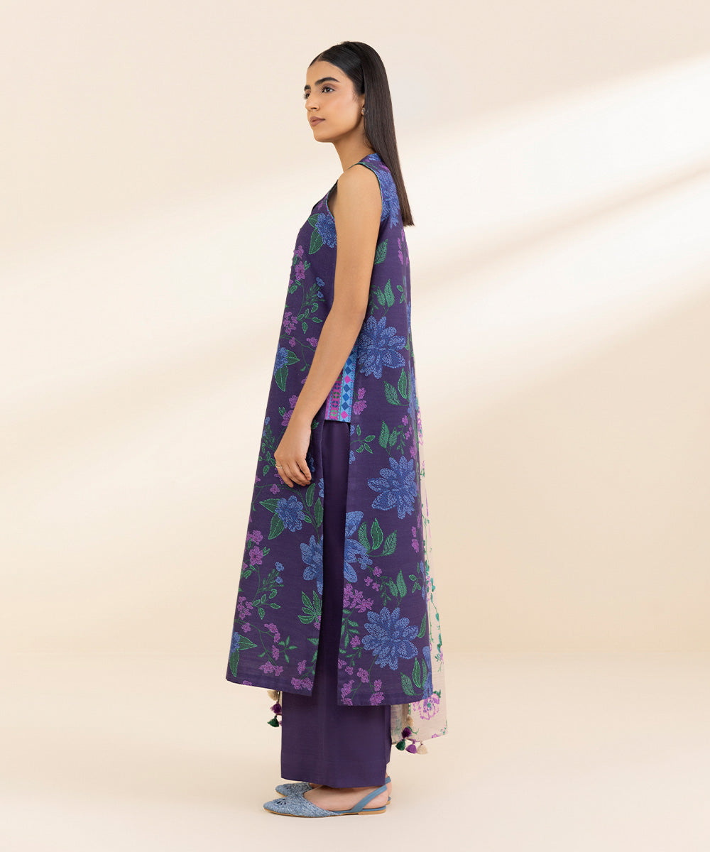 Women's Unstitched Khaddar Printed Purple 3 Piece Suit