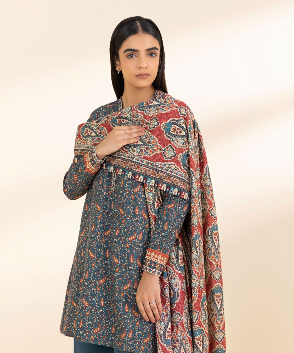 Women's Unstitched Khaddar Printed Blue 3 Piece Suit