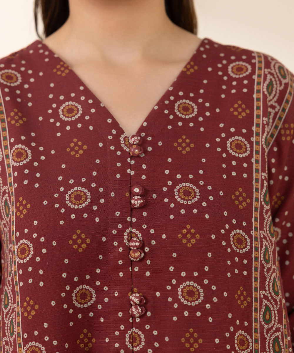 Women's Unstitched Khaddar Printed Red 3 Piece Suit