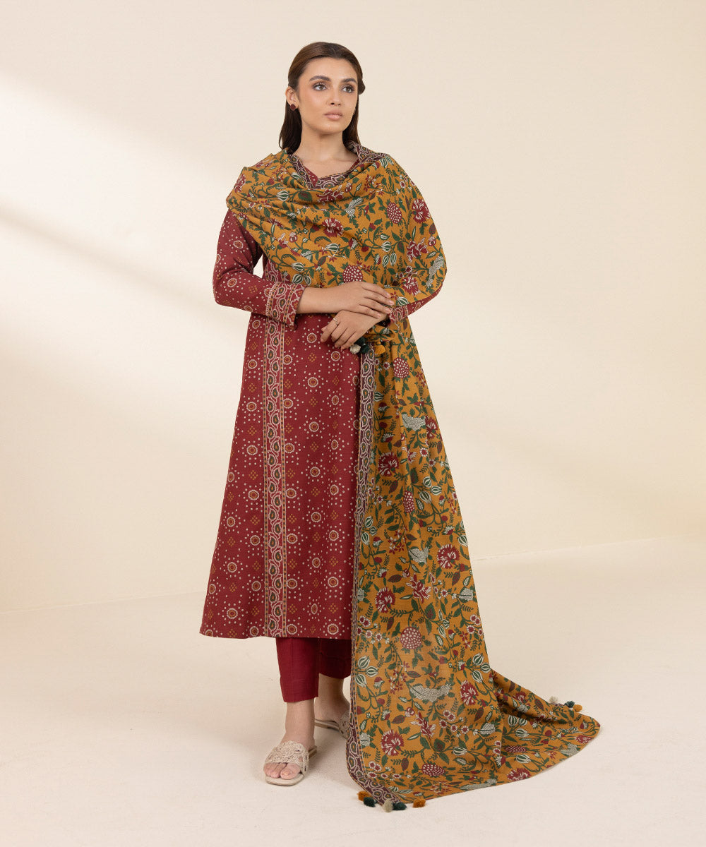 Women's Unstitched Khaddar Printed Red 3 Piece Suit