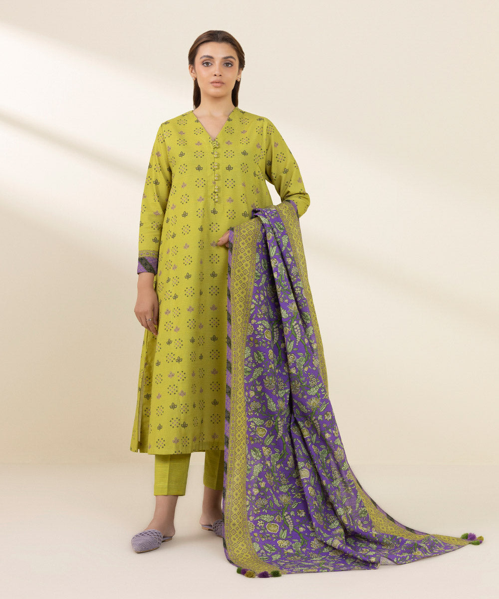 Women's Unstitched Khaddar Printed Multi 3 Piece Suit