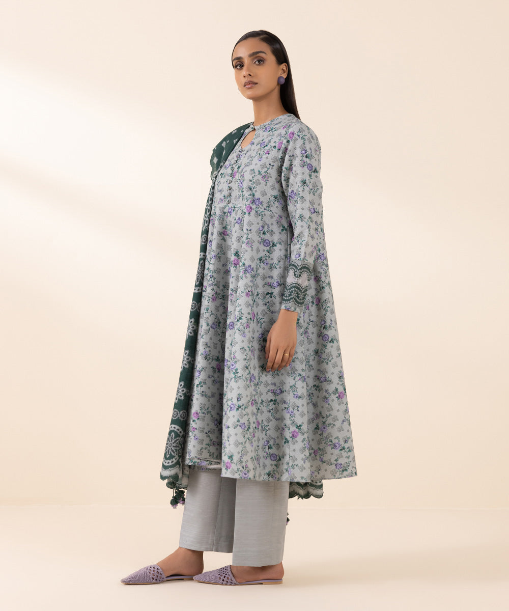 Women's Unstitched Khaddar Grey Printed 3 Piece Suit