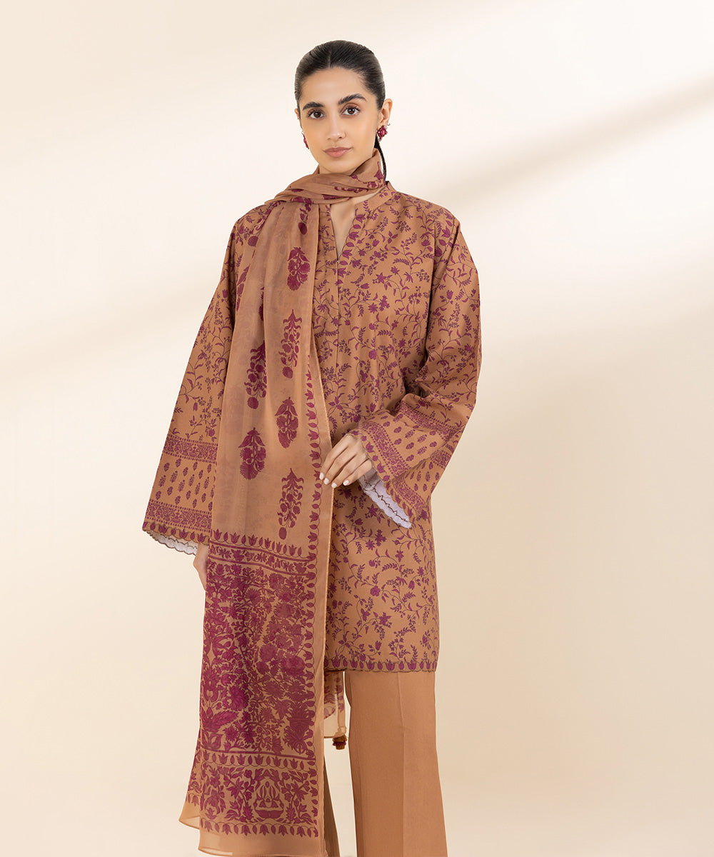 Women's Unstitched Cambric Brown Printed 3 Piece Suit 