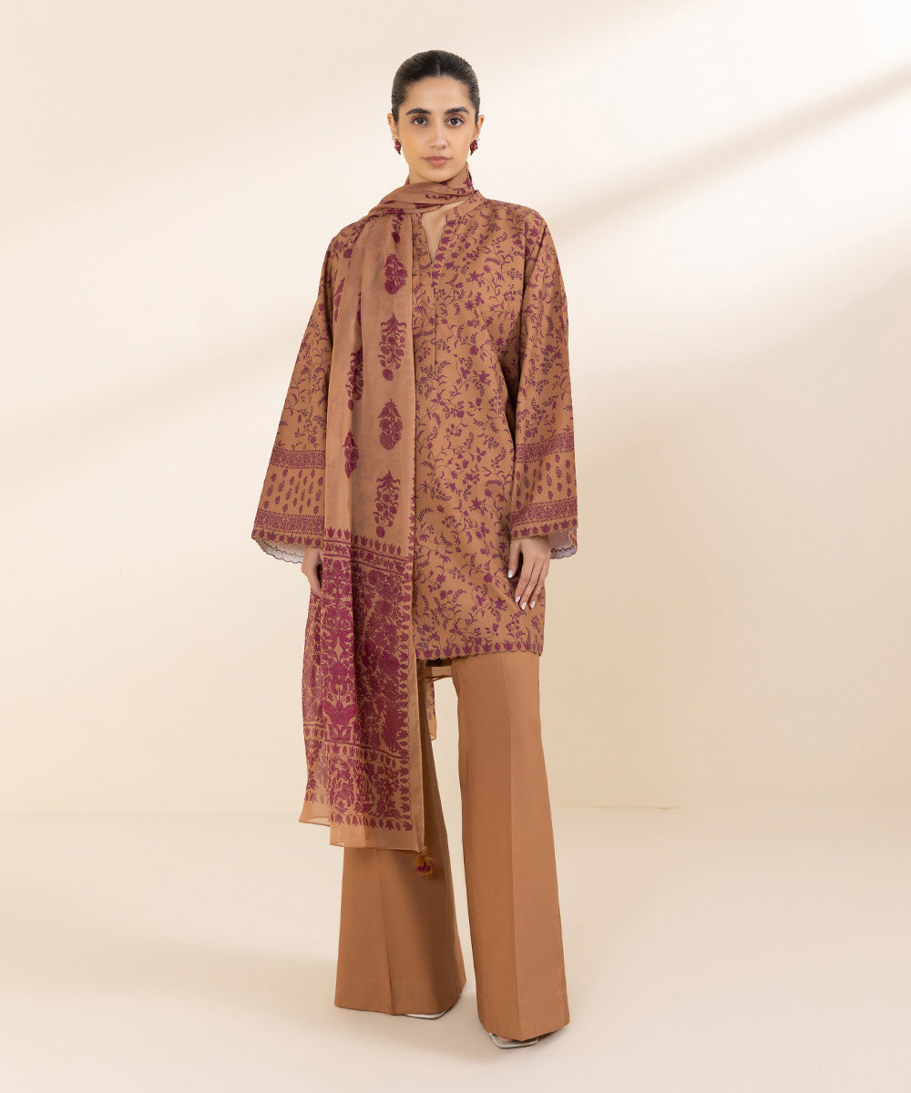 Women's Unstitched Cambric Brown Printed 3 Piece Suit 