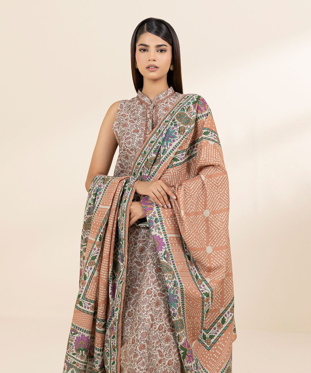 Women's Unstitched Dobby Beige Printed 3 Piece Suit 