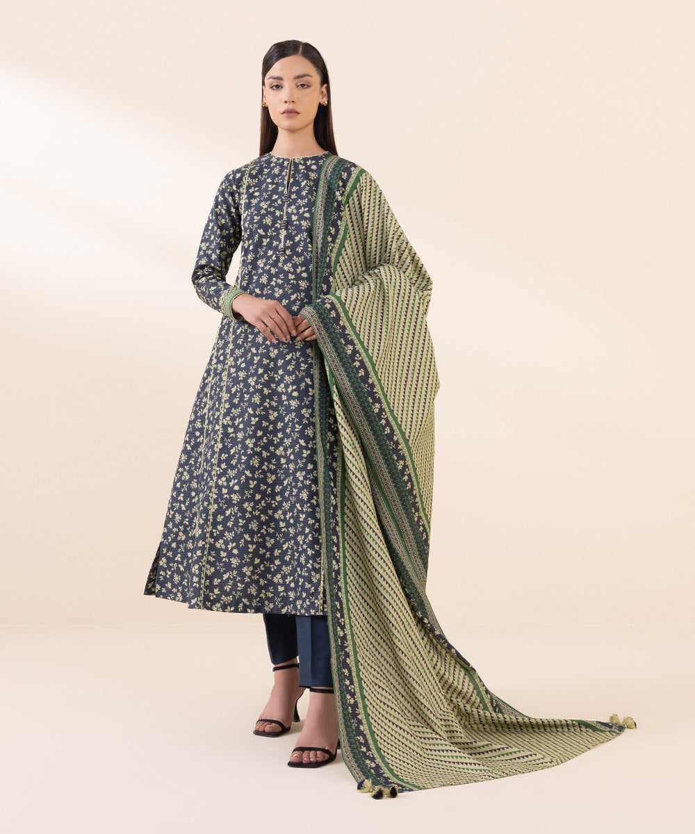 3 Piece - Printed Zari Khaddar Suit