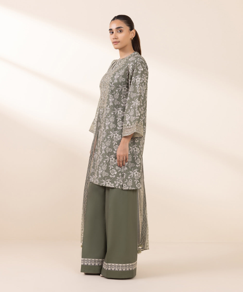 Women's Unstitched Embroidered Sage Green Cambric Three Piece Suit