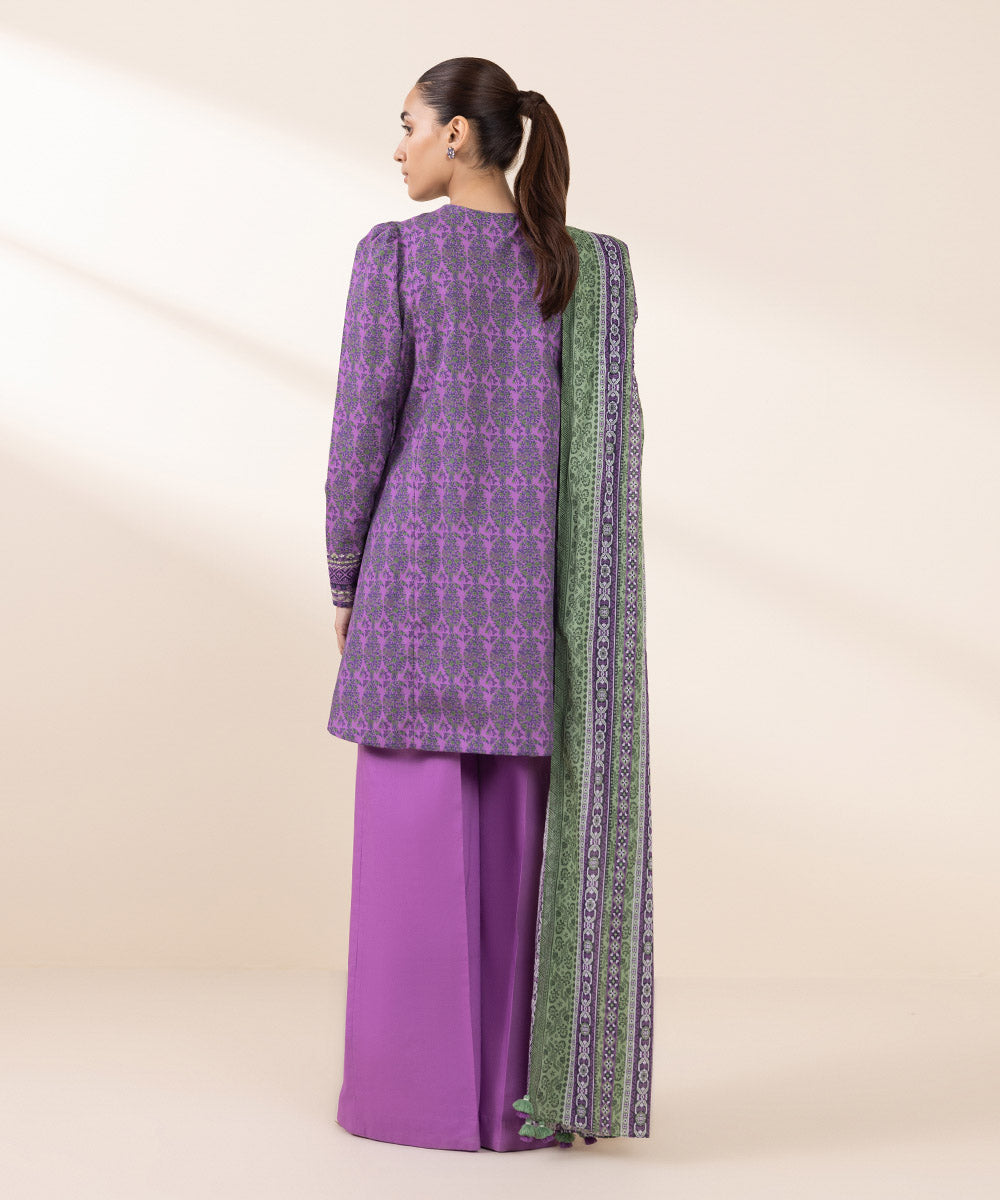 Women's Unstitched Embroidered Purple Cambric Three Piece Suit