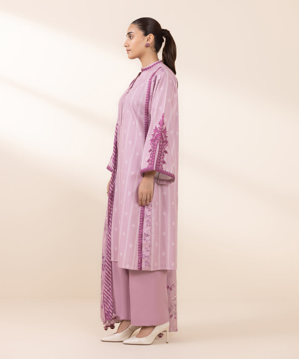 Women's Unstitched Embroidered Dusty Pink Cambric Three Piece Suit