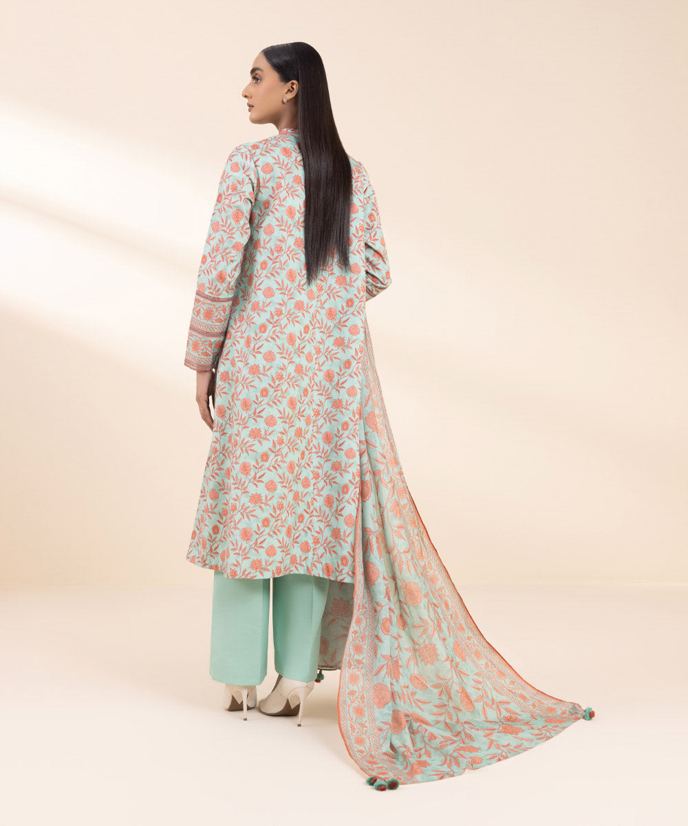 Women's Unstitched Embroidered Sea Green Cambric Three Piece Suit