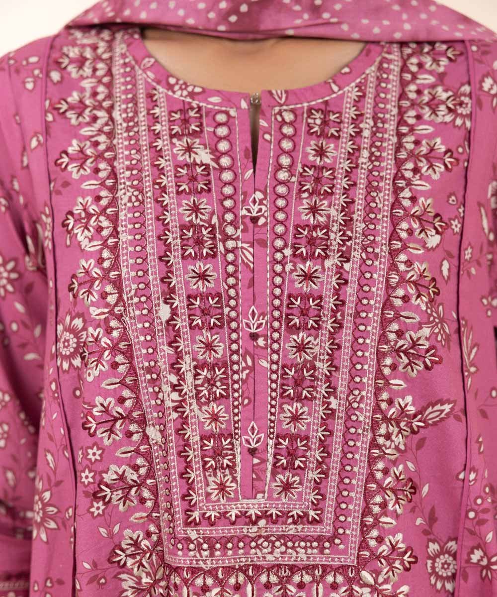 Women's Unstitched Embroidered Magenta Cambric Three Piece Suit