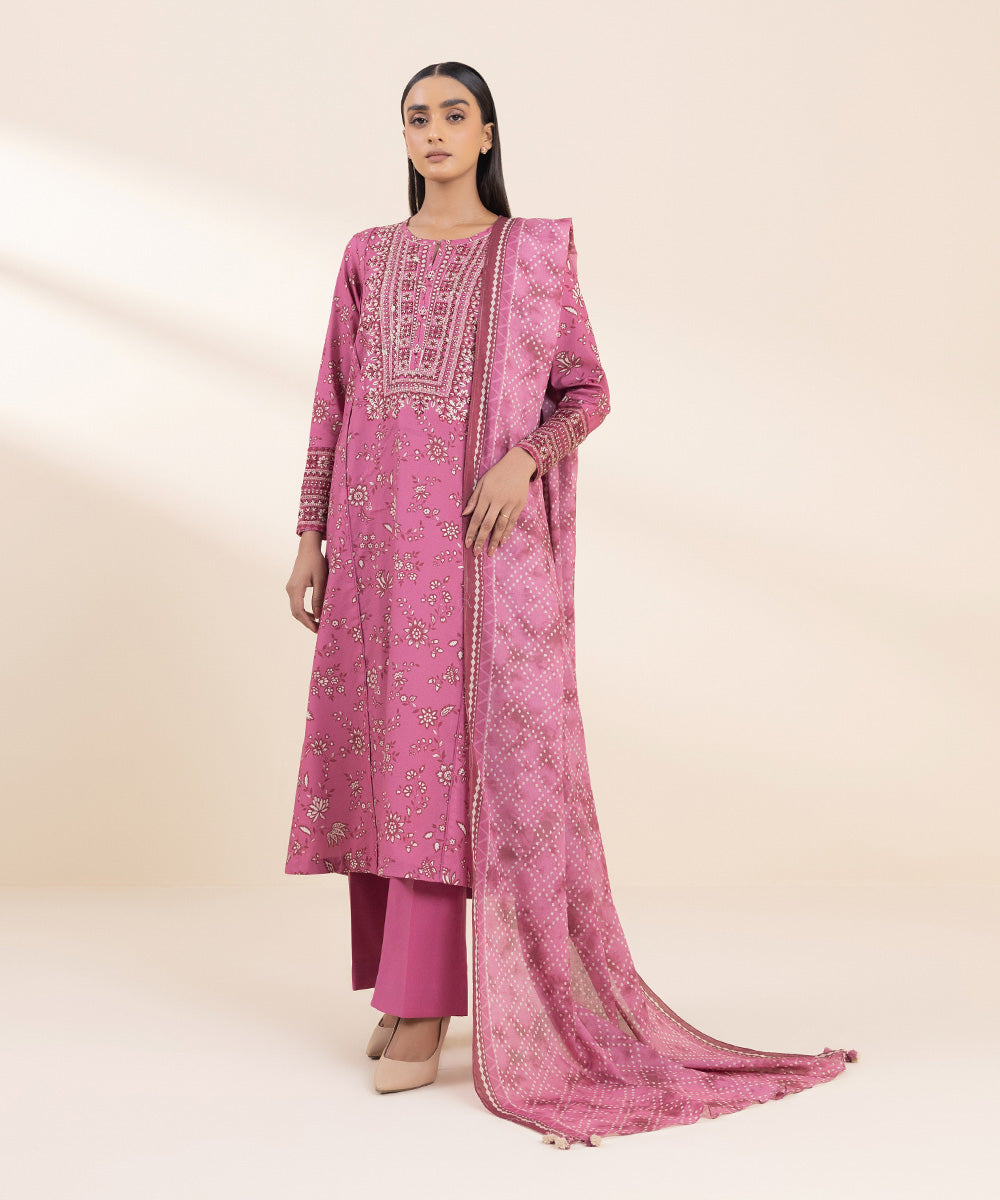 Women's Unstitched Embroidered Magenta Cambric Three Piece Suit