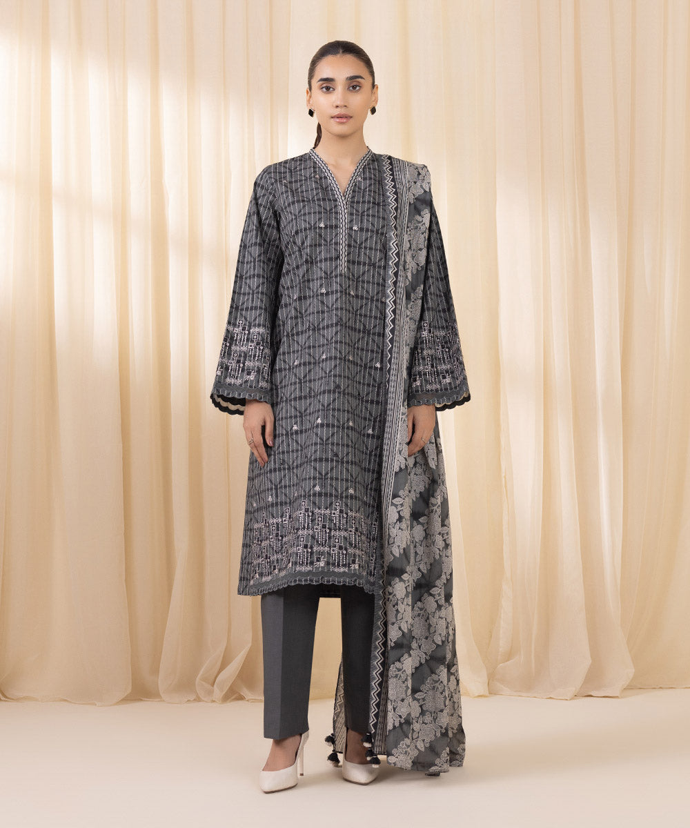 Women's Unstitched Embroidered Gray Cambric Three Piece Suit