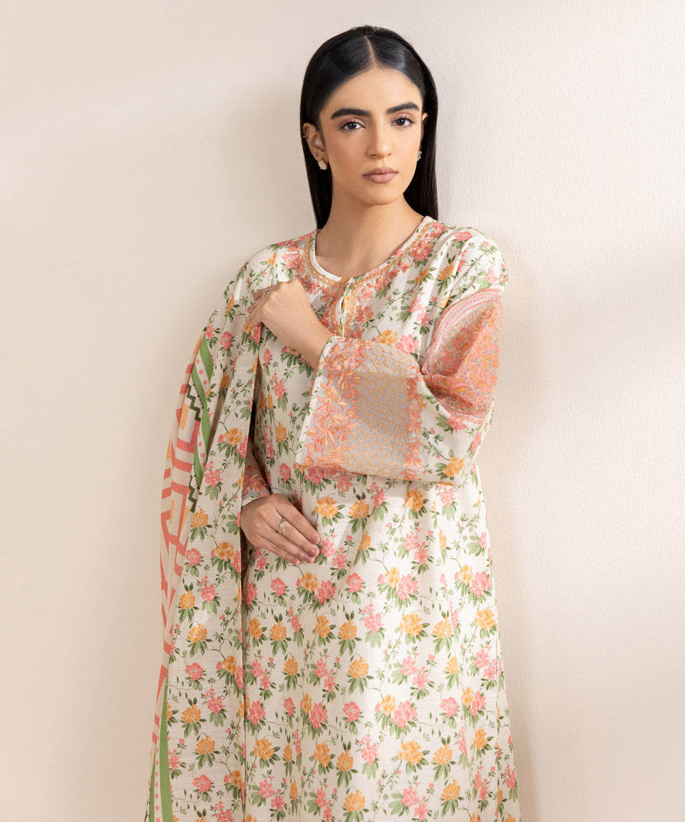 Women's Unstitched Embroidered Multicolour Khaddar Three Piece Suit