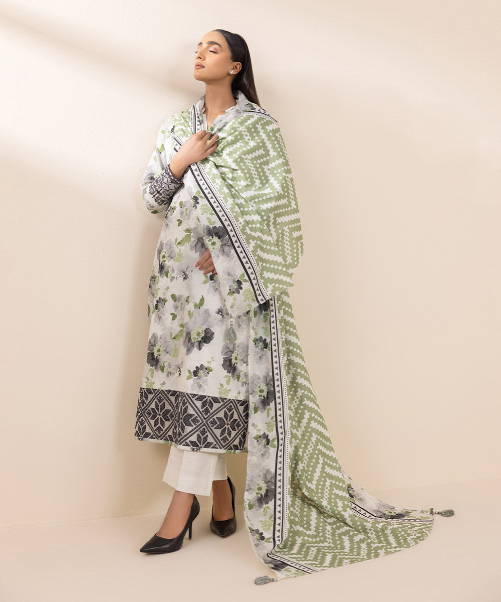 Women's Unstitched Embroidered Gray & Ivory Khaddar Three Piece Suit