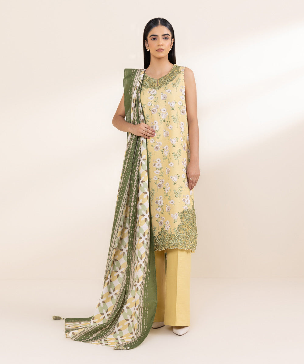 Women's Unstitched Embroidered Pale Yellow Khaddar Three Piece Suit