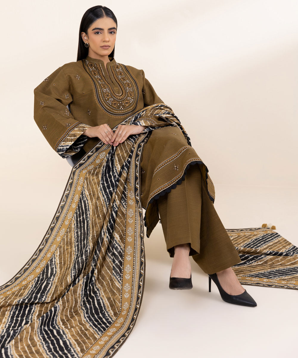 Women's Unstitched Embroidered Mud Brown Khaddar Three Piece Suit