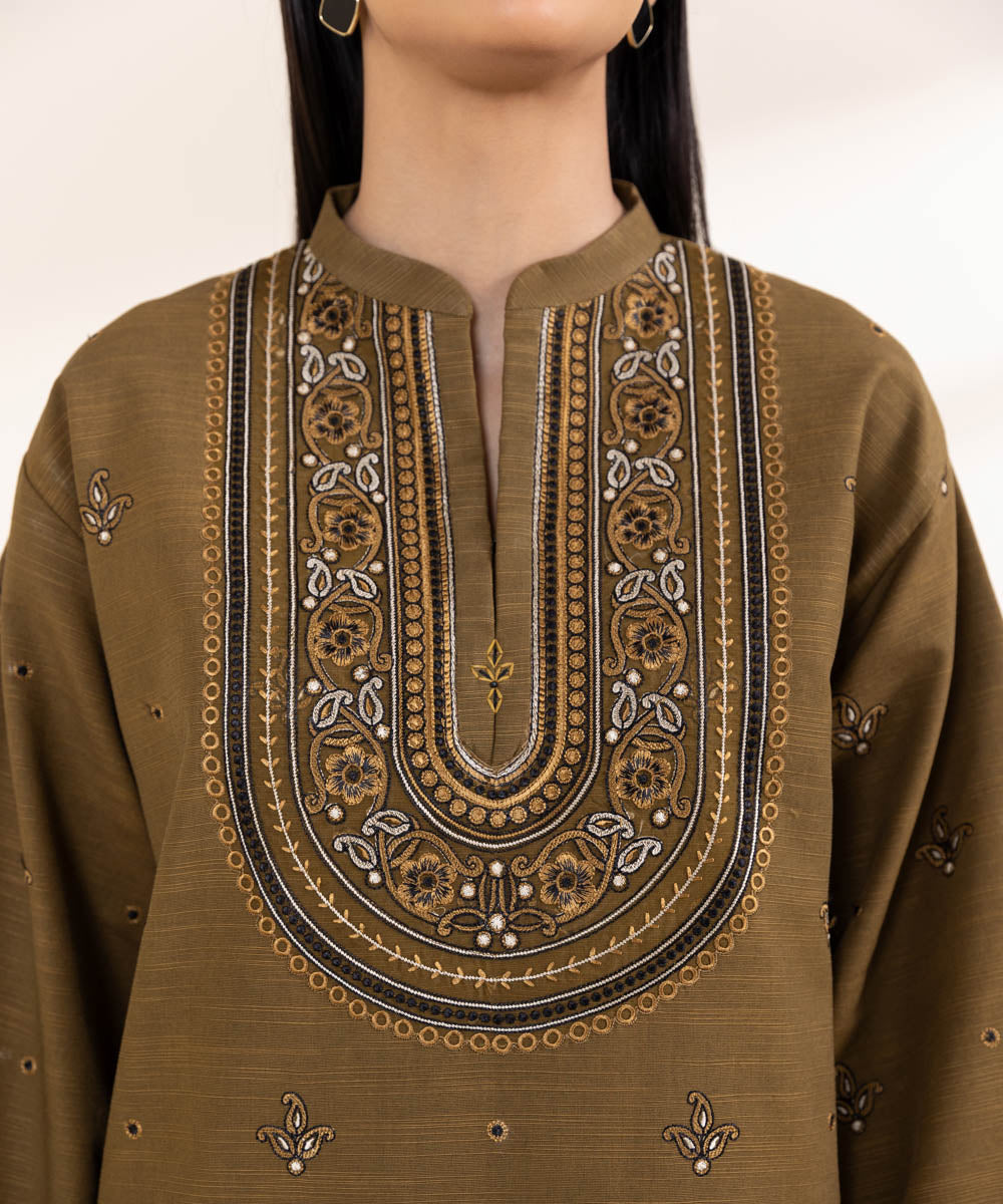 Women's Unstitched Embroidered Mud Brown Khaddar Three Piece Suit