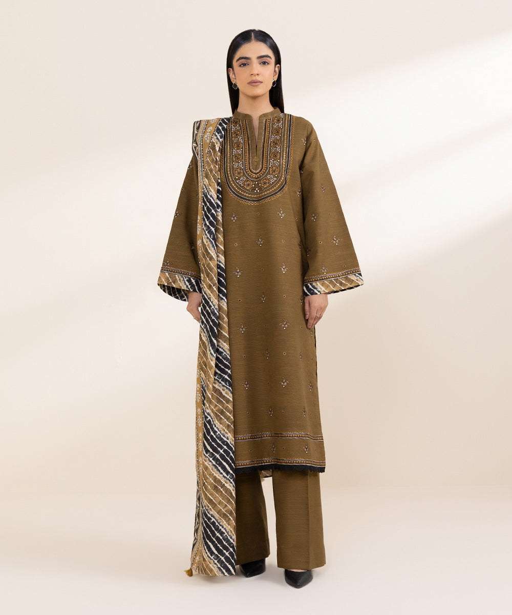 Women's Unstitched Embroidered Mud Brown Khaddar Three Piece Suit