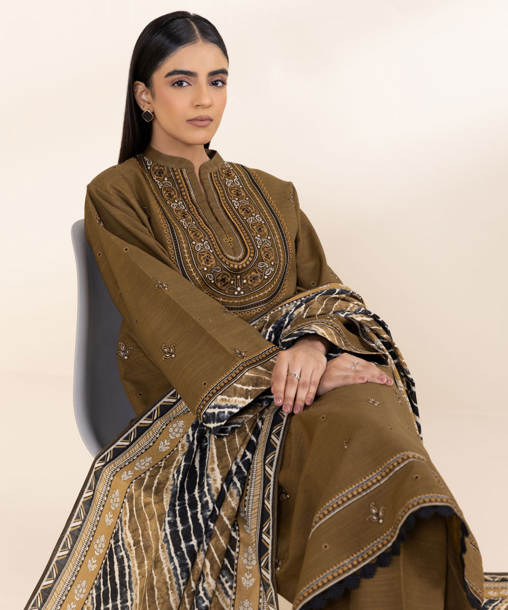 Women's Unstitched Embroidered Mud Brown Khaddar Three Piece Suit