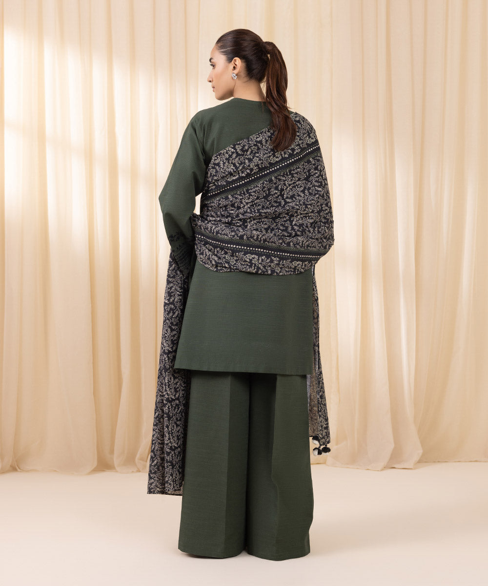 Women's Unstitched Embroidered Dark Green Khaddar Three Piece Suit