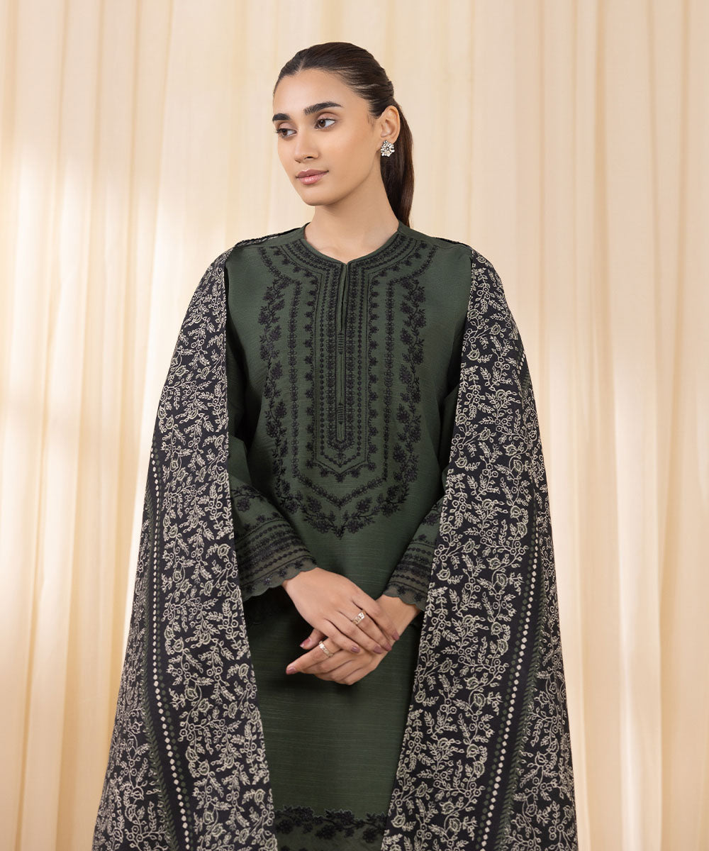 Women's Unstitched Embroidered Dark Green Khaddar Three Piece Suit